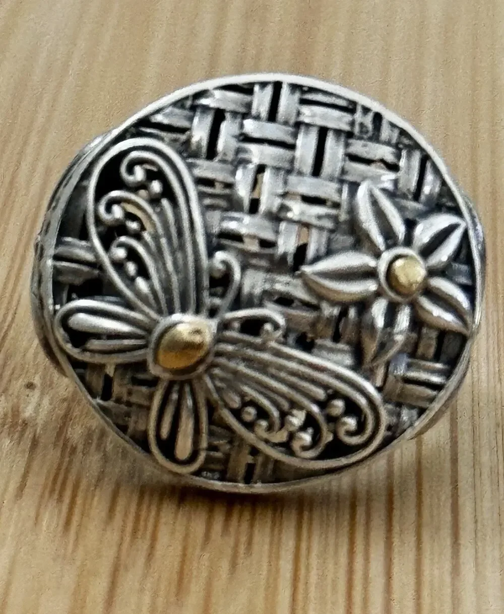 Robert Manse M ID 925 Sterling and 18K Gold Dragonfly Flower Sz 8.5 Bali 7g